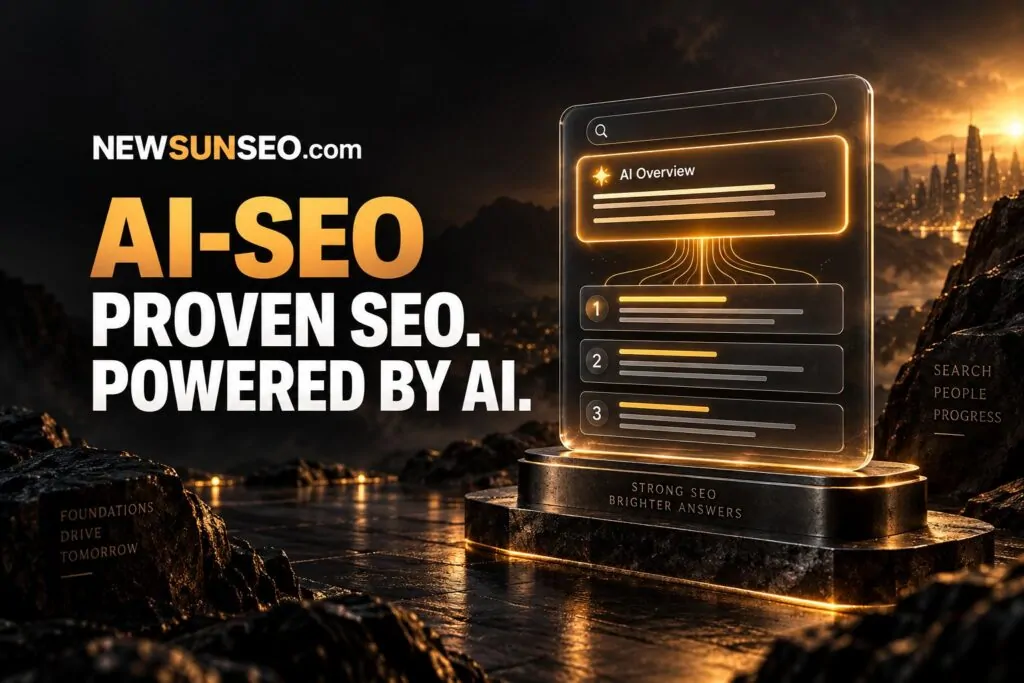 AI-SEO: proven SEO powered by AI, a glowing search results panel with an AI Overview above the top three results