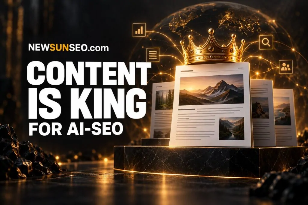 Content is king for AI-SEO: crowned web pages on a pedestal
