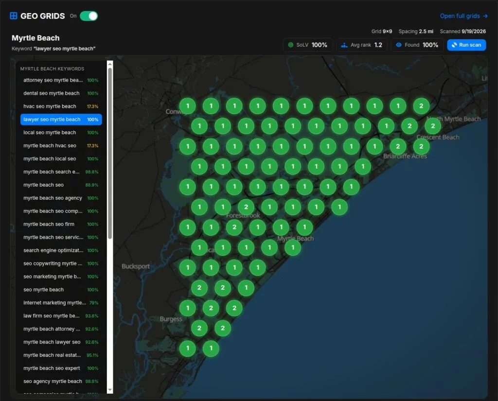 GEO grid map of Myrtle Beach showing NewSunSEO ranked number 1 across the area for "lawyer seo myrtle beach"