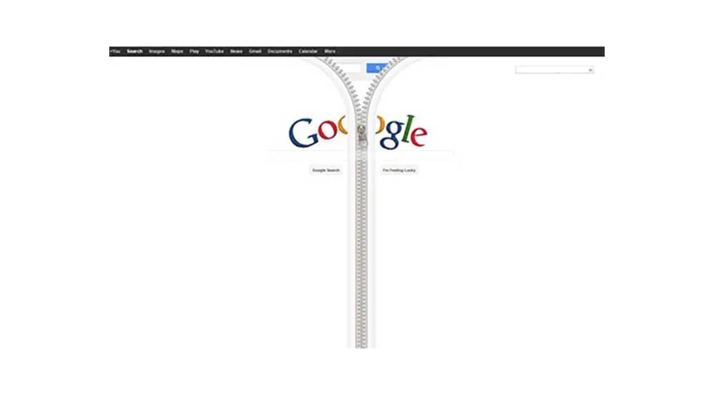 Google Doodle with a zipper splitting the logo down the middle