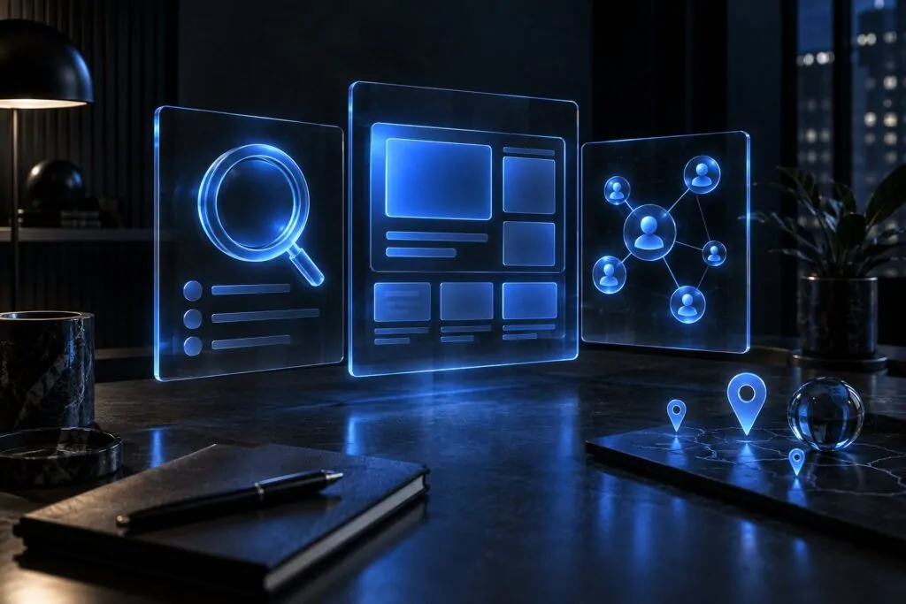 A dark workspace with floating blue panels representing search