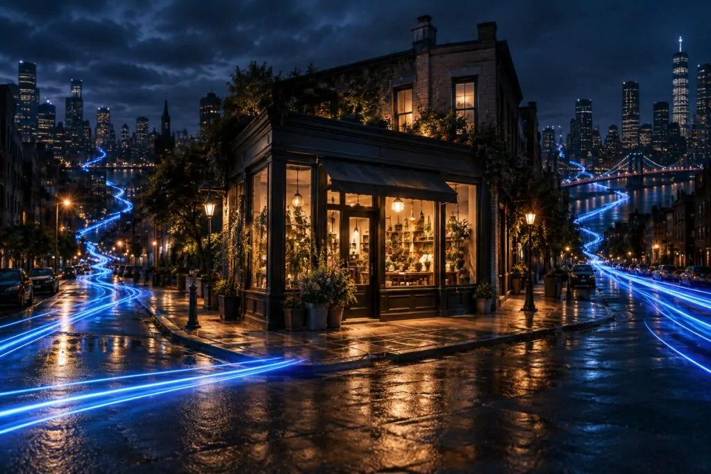 A small business owner's storefront at dusk with lines of blue light flowing to it from across the city