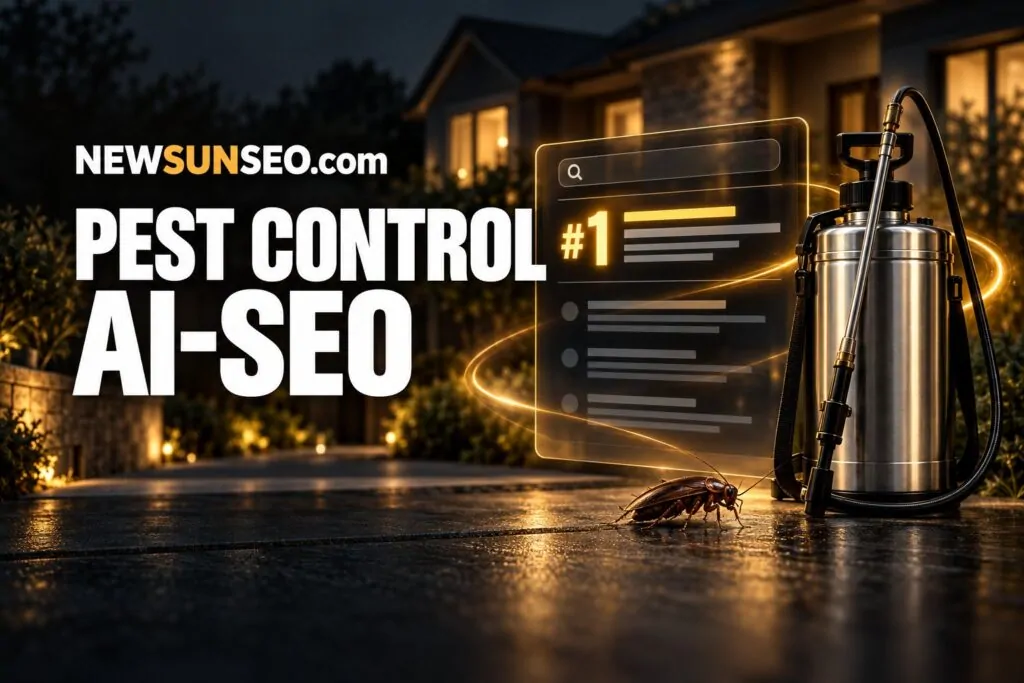 A pest control technician in protective gear inspecting a home's foundation with a flashlight beam of blue light at dusk