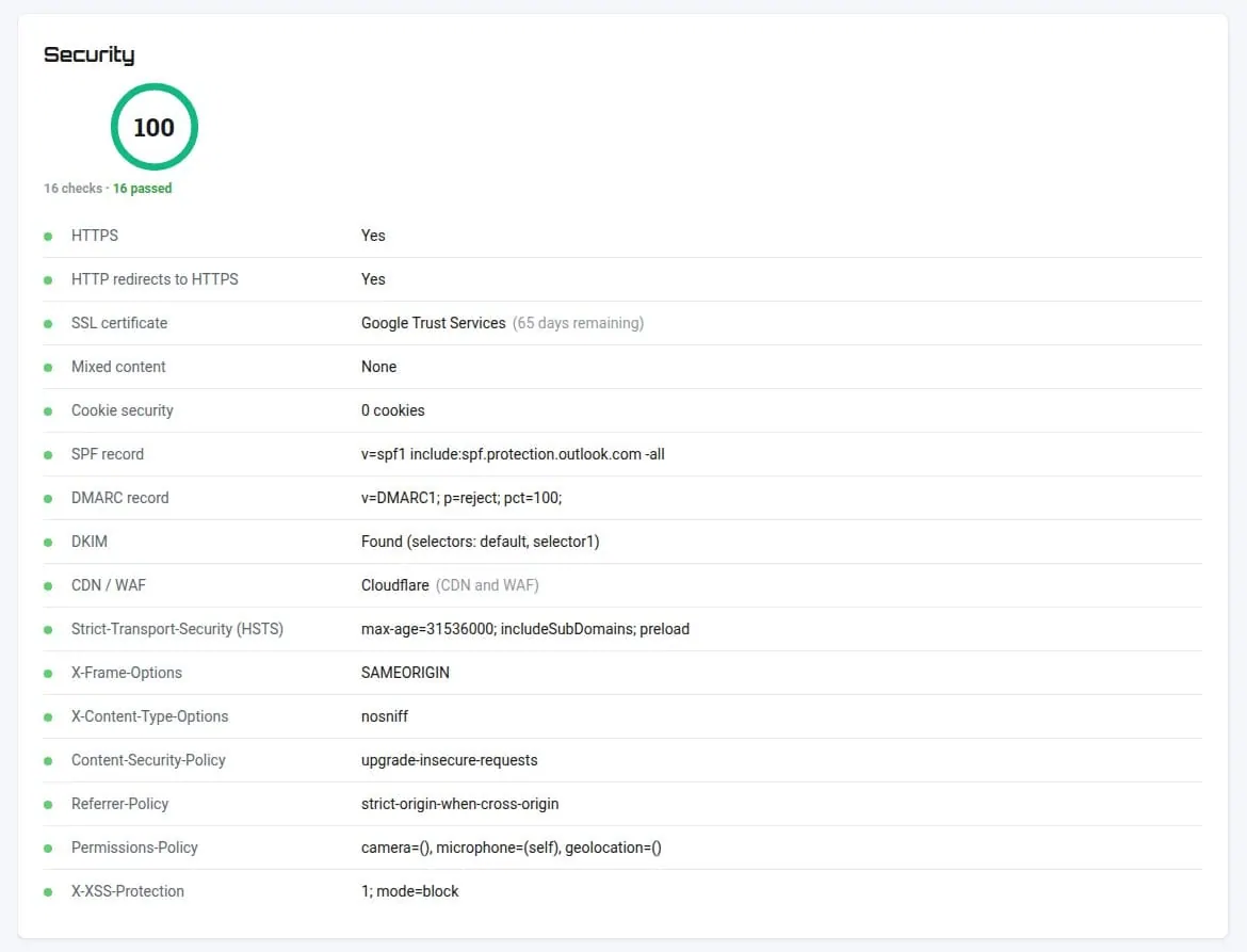 SEOScanPRO security and server checks with the header values found