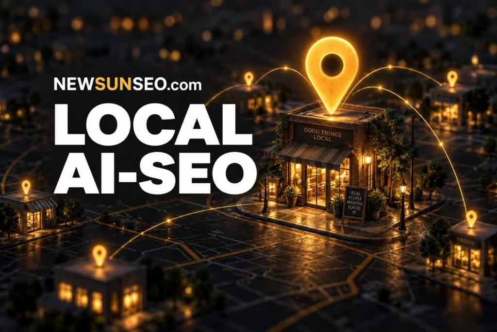 A city map at night seen from above with glowing blue map pins over local businesses