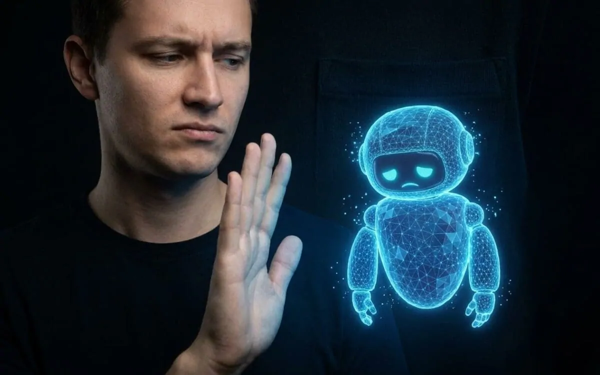 Consumer waving away a small holographic AI robot mascot