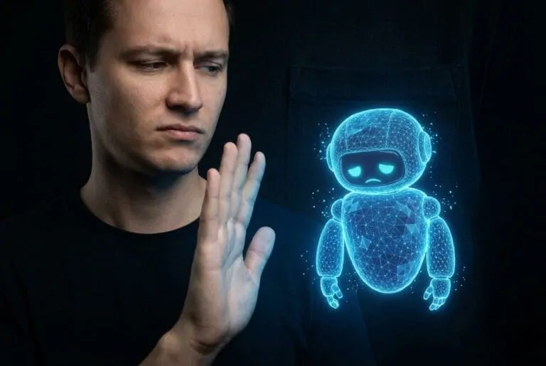 Consumer waving away a small holographic AI robot mascot