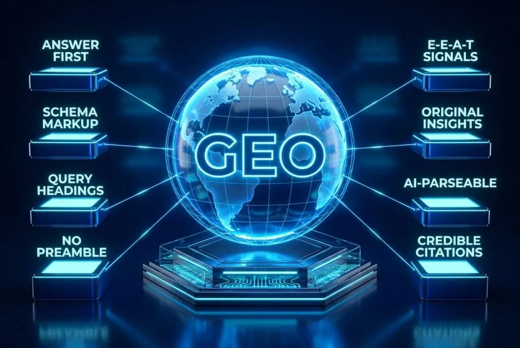 Glowing globe labeled GEO flanked by eight labeled pedestals in a 3D render