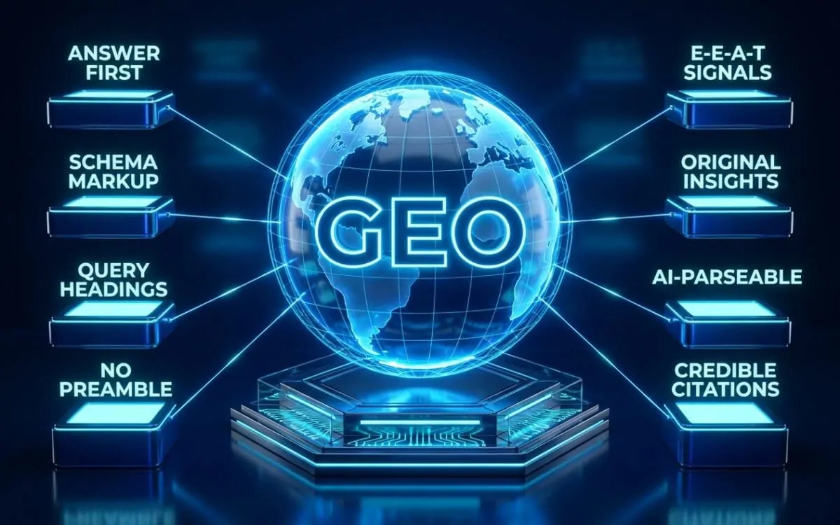 Glowing globe labeled GEO flanked by eight labeled pedestals in a 3D render
