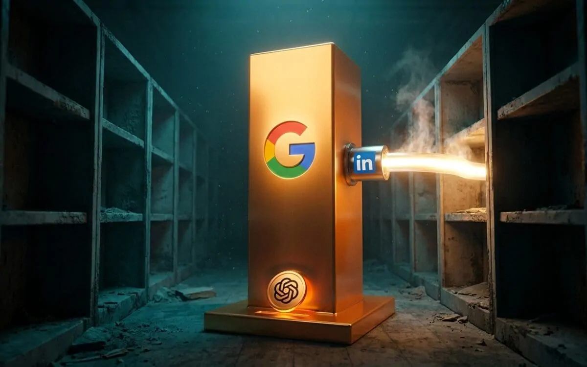 Glowing gold pillar with Google and OpenAI logos beaming light to LinkedIn
