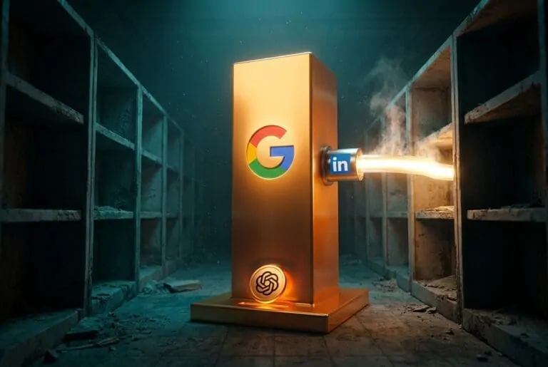 Glowing gold pillar with Google and OpenAI logos beaming light to LinkedIn
