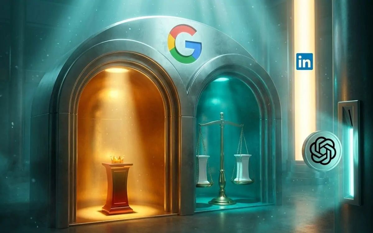 Two stone archways beneath a Google logo with crown and scales inside
