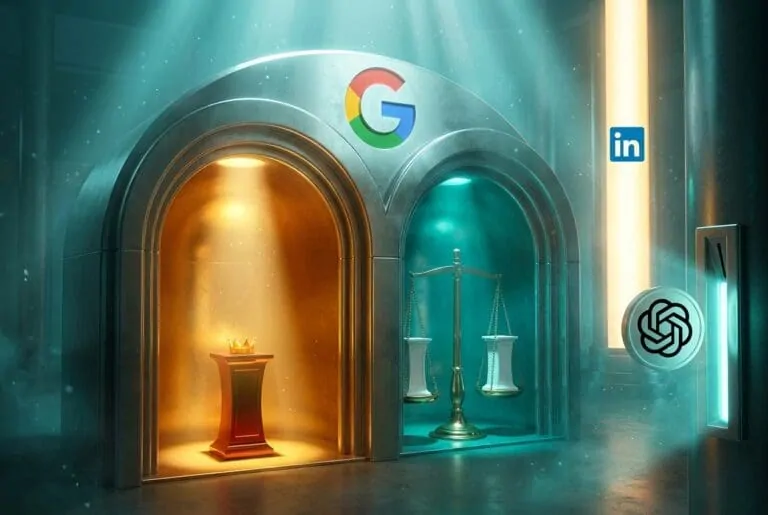 Two stone archways beneath a Google logo with crown and scales inside