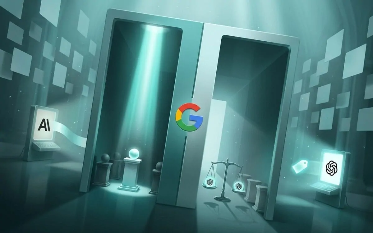 Twin doorways marked with Google logo flanked by retro AI computers and scales