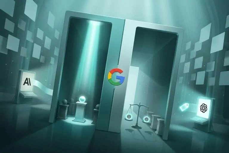 Twin doorways marked with Google logo flanked by retro AI computers and scales