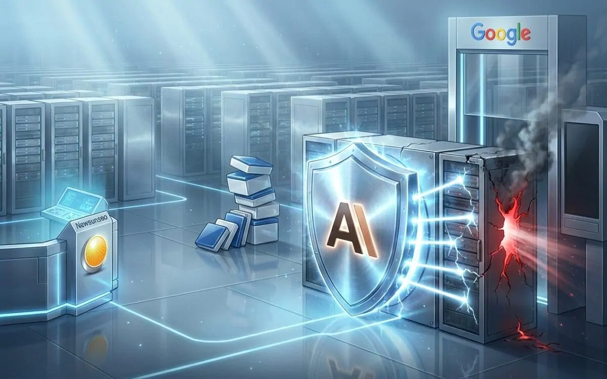 Glowing AI shield hovering over a server beneath a Google archway