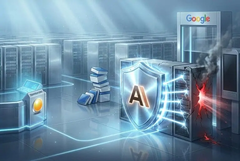 Glowing AI shield hovering over a server beneath a Google archway