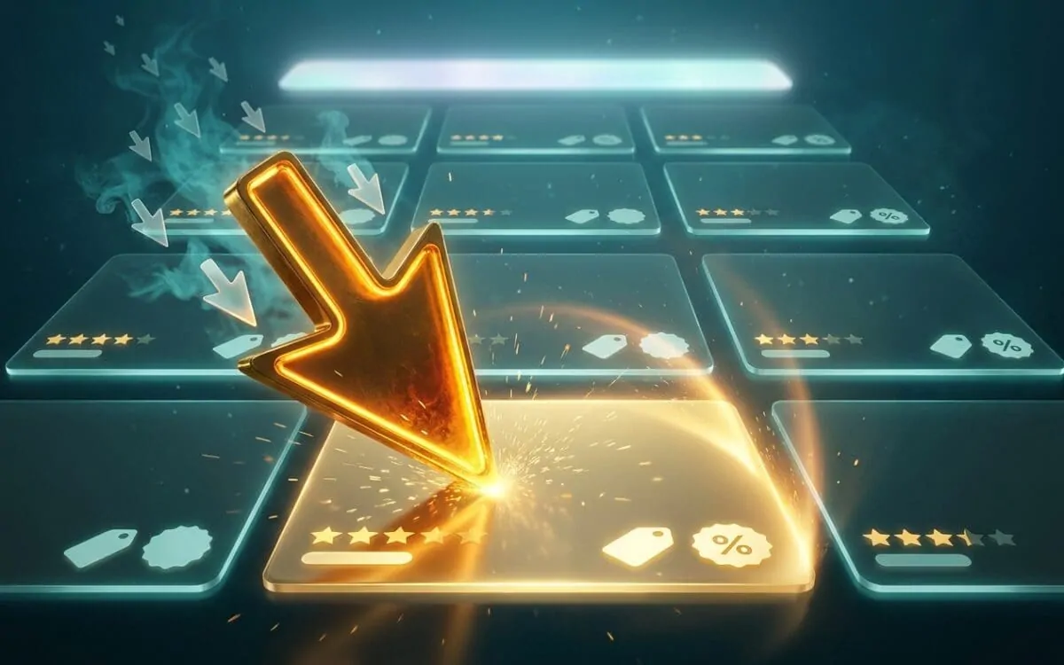 Gold downward arrow striking search-result cards with stars and price tags
