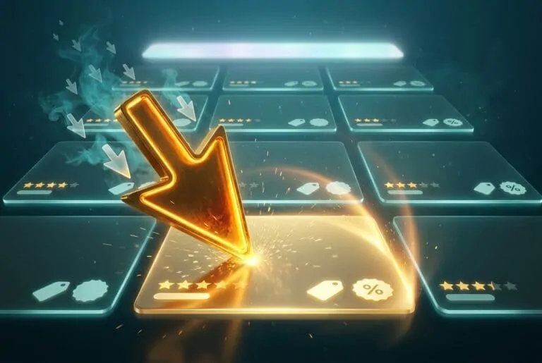 Gold downward arrow striking search-result cards with stars and price tags