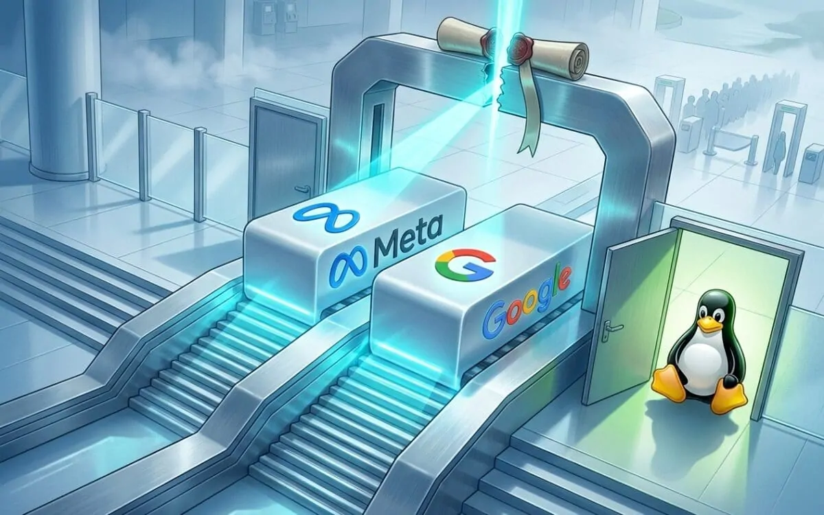 Meta and Google logos blocked at scanner while Linux penguin exits a side door