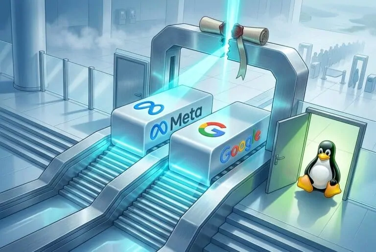Meta and Google logos blocked at scanner while Linux penguin exits a side door