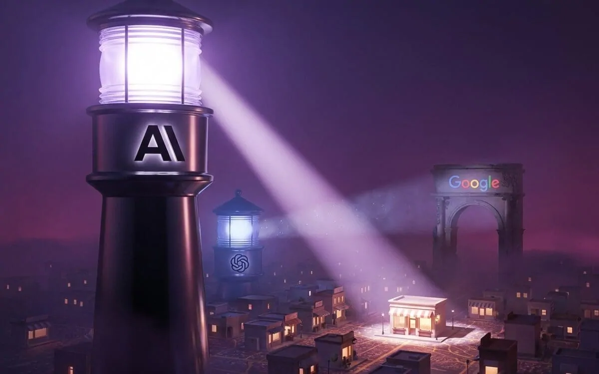 Anthropic lighthouse beaming light onto local storefront with OpenAI tower nearby
