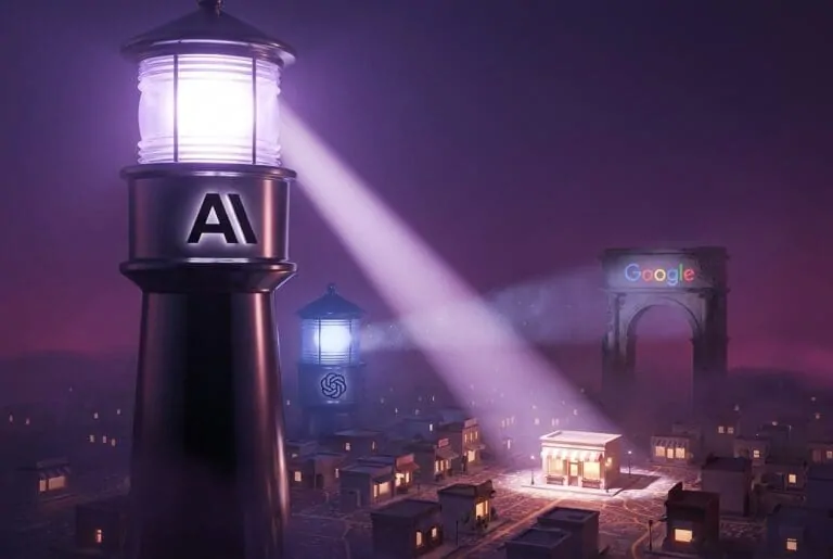 Anthropic lighthouse beaming light onto local storefront with OpenAI tower nearby