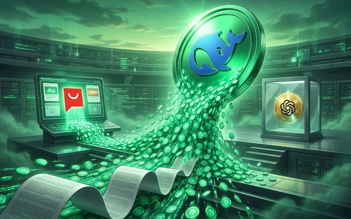 Large whale coin drops green coins onto marketing software near a gold AI coin