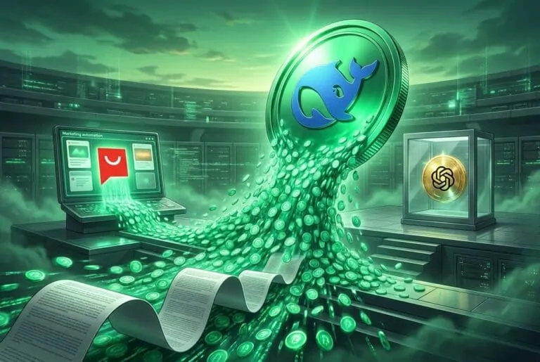 Large whale coin drops green coins onto marketing software near a gold AI coin