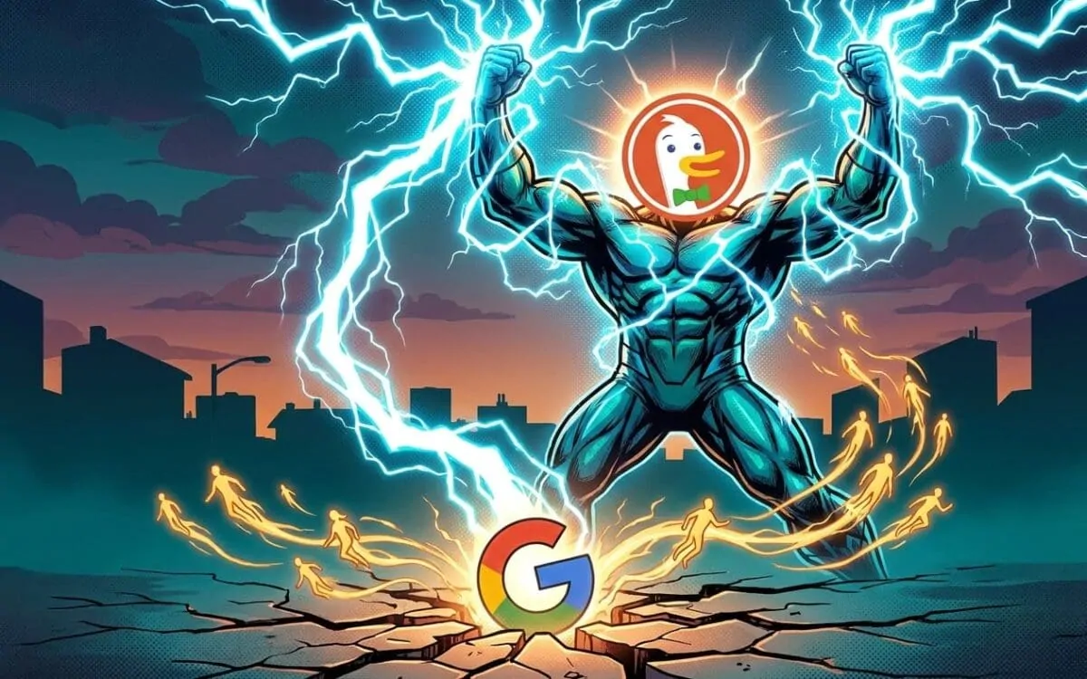 DuckDuckGo hero charged with electricity as users stream away from a weakened, cracking Google