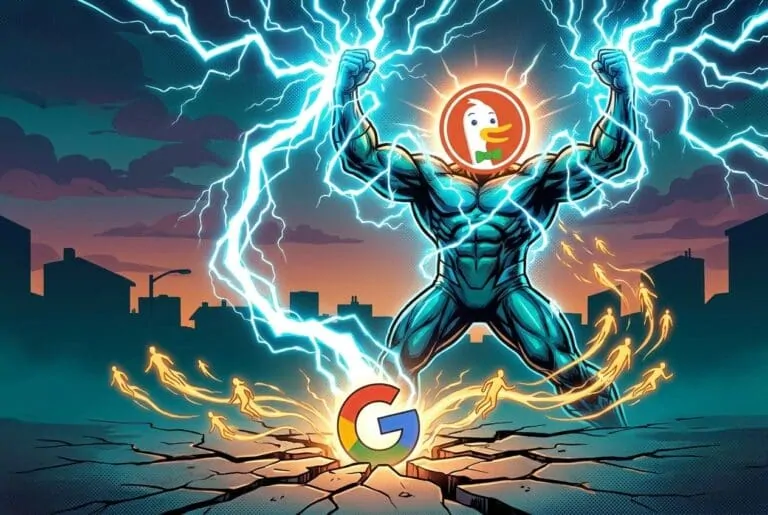 DuckDuckGo hero charged with electricity as users stream away from a weakened, cracking Google