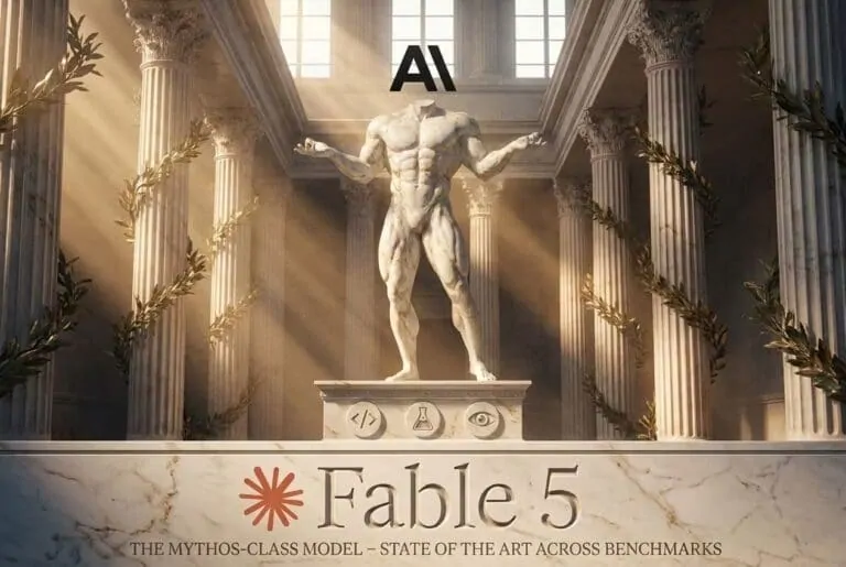 Anthropic logo with Claude Fable 5 and Mythos 5 models suspended