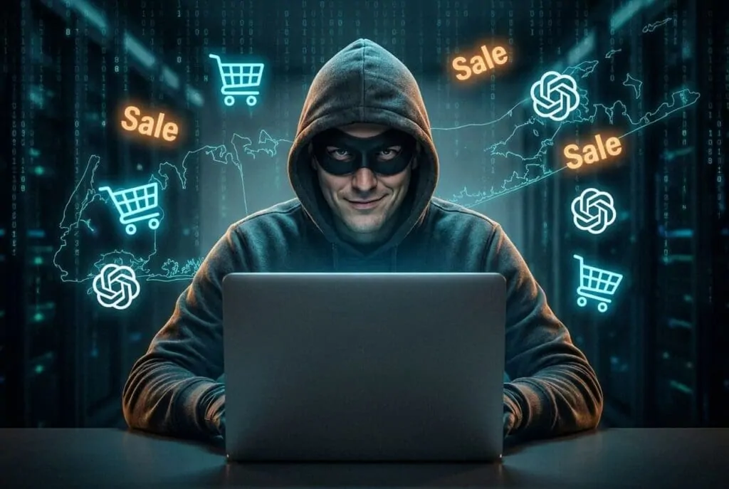 Hooded scammer at laptop targeting shoppers with fake sales and ChatGPT logos