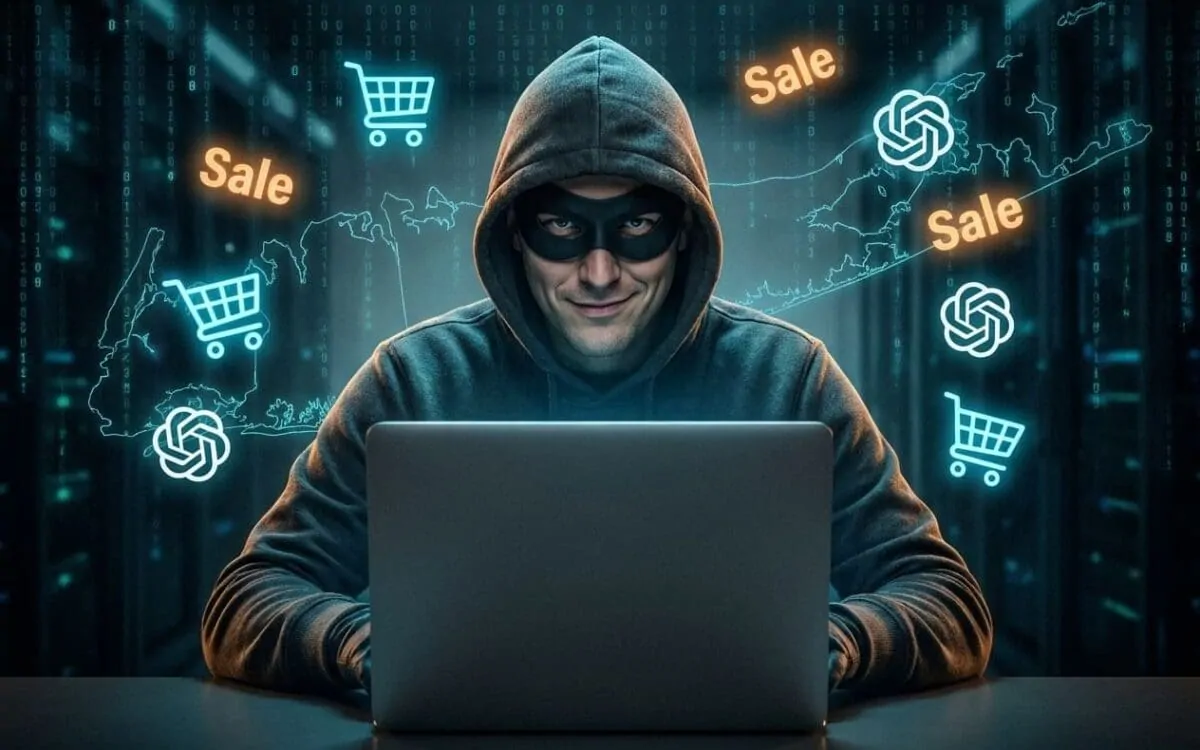 Hooded scammer at laptop targeting shoppers with fake sales and ChatGPT logos