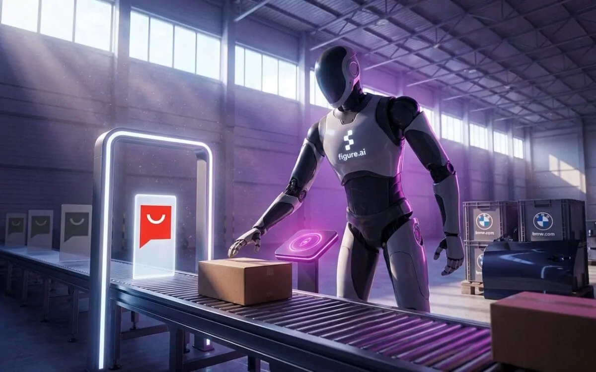 Figure AI humanoid robot sorts a box on a warehouse conveyor near BMW crates