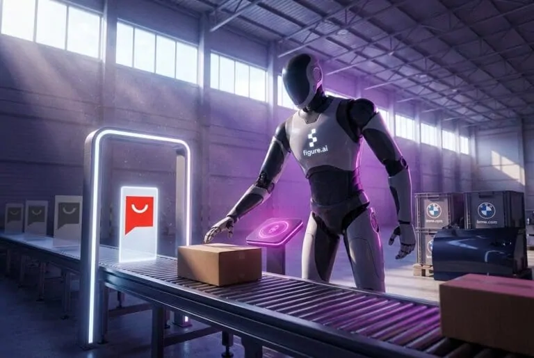 Figure AI humanoid robot sorts a box on a warehouse conveyor near BMW crates