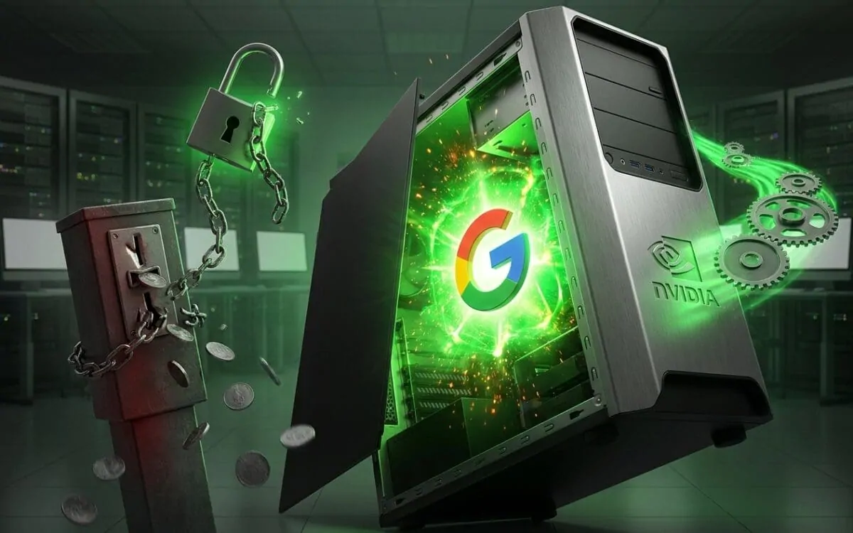 Open Nvidia PC case glowing green with a Google G logo and gears, beside a chained padlock and coin meter in a data center.