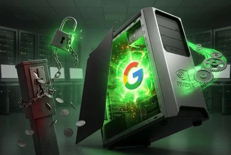 Open Nvidia PC case glowing green with a Google G logo and gears, beside a chained padlock and coin meter in a data center.