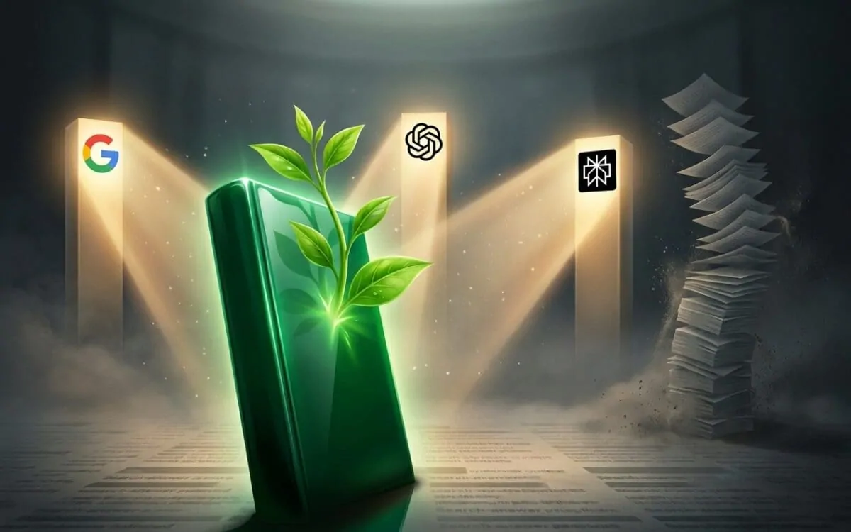 Green sprout growing from glowing slab beside AI logos and crumbling papers