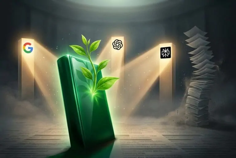 Green sprout growing from glowing slab beside AI logos and crumbling papers
