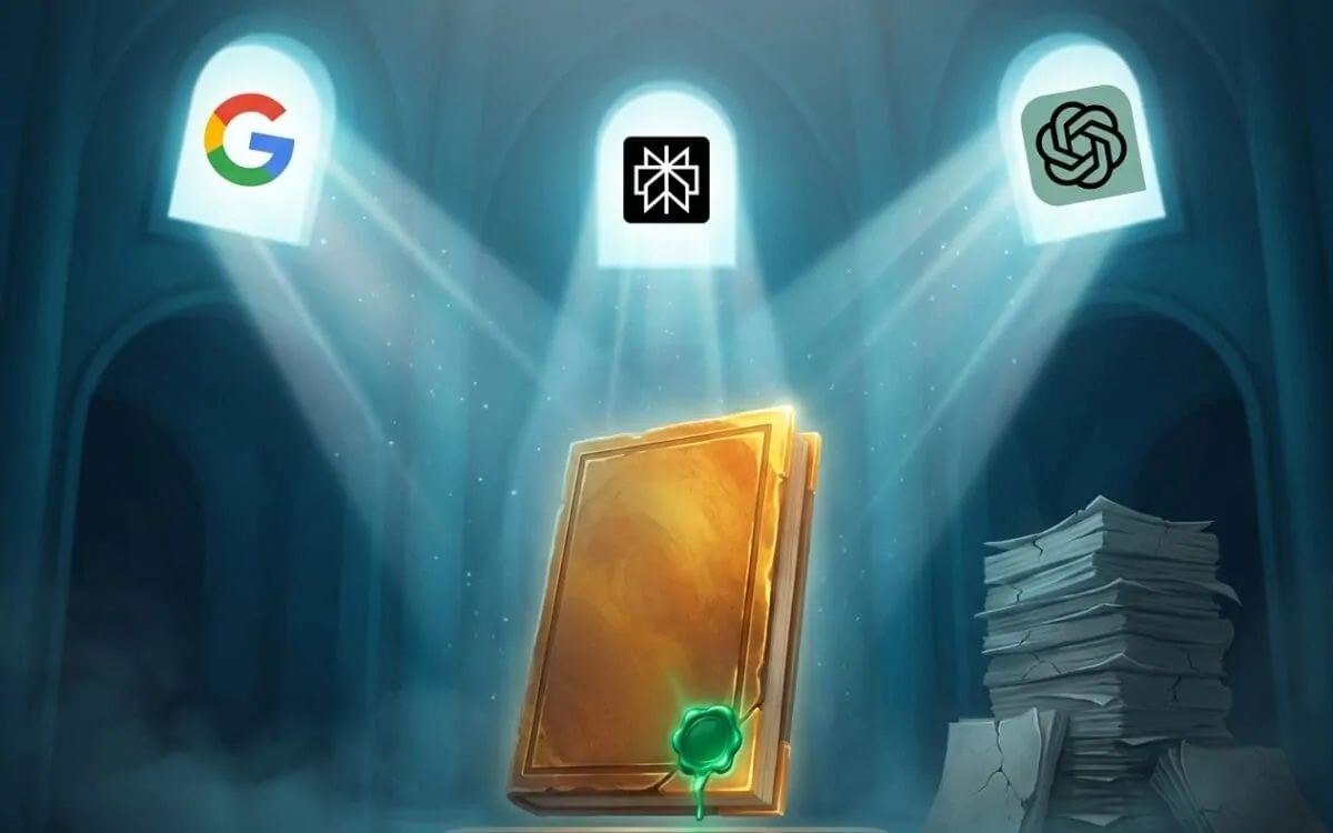 Glowing golden book with green seal spotlit by Google and OpenAI logos
