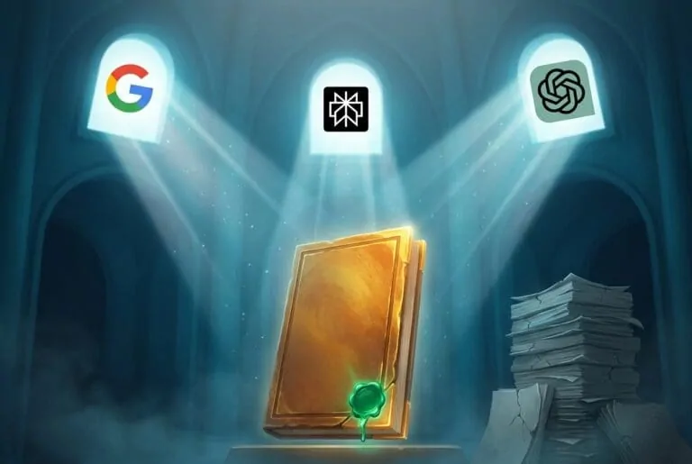 Glowing golden book with green seal spotlit by Google and OpenAI logos