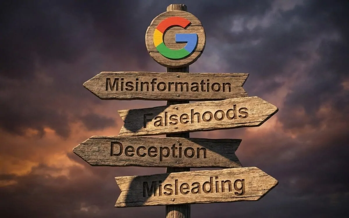 Tablet showing a Google AI Overview stamped false claim beside a gavel