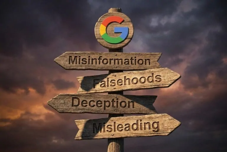 Tablet showing a Google AI Overview stamped false claim beside a gavel