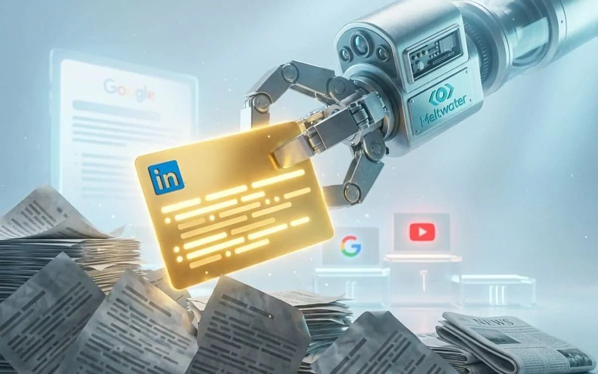Robotic arm holding a gold LinkedIn card above newspaper stacks and logos