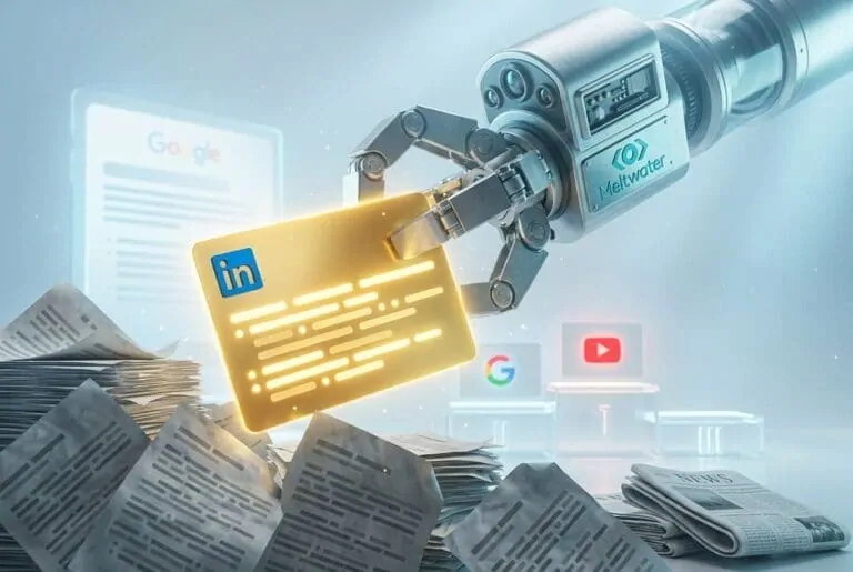Robotic arm holding a gold LinkedIn card above newspaper stacks and logos