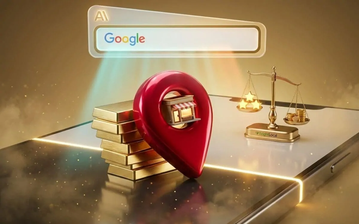 Google AI search box above a red map pin holding a storefront, gold bars, and a scale weighing stars against gold coins