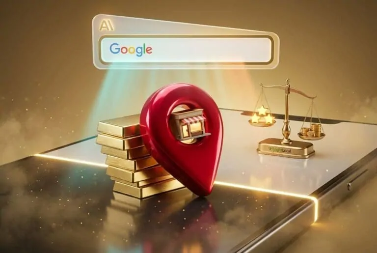 Google AI search box above a red map pin holding a storefront, gold bars, and a scale weighing stars against gold coins