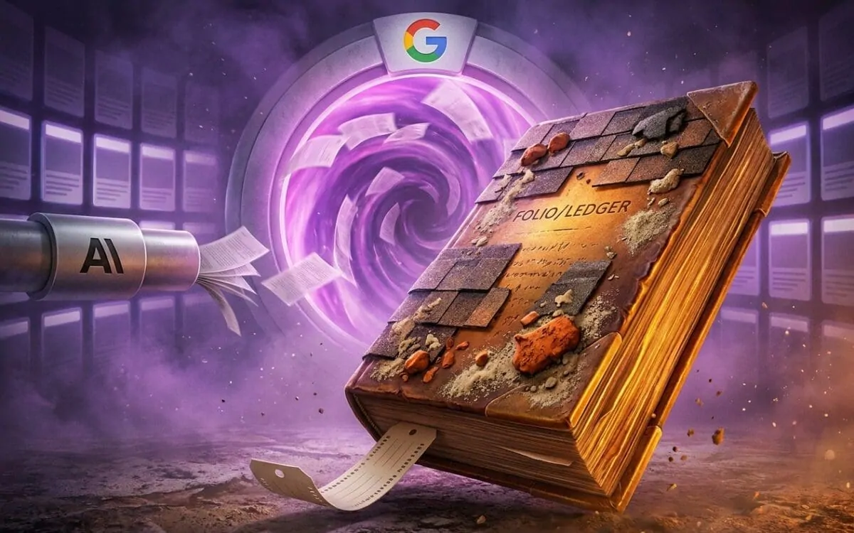 Roofed book feeding pages into glowing Google AI search vortex beside AI tube