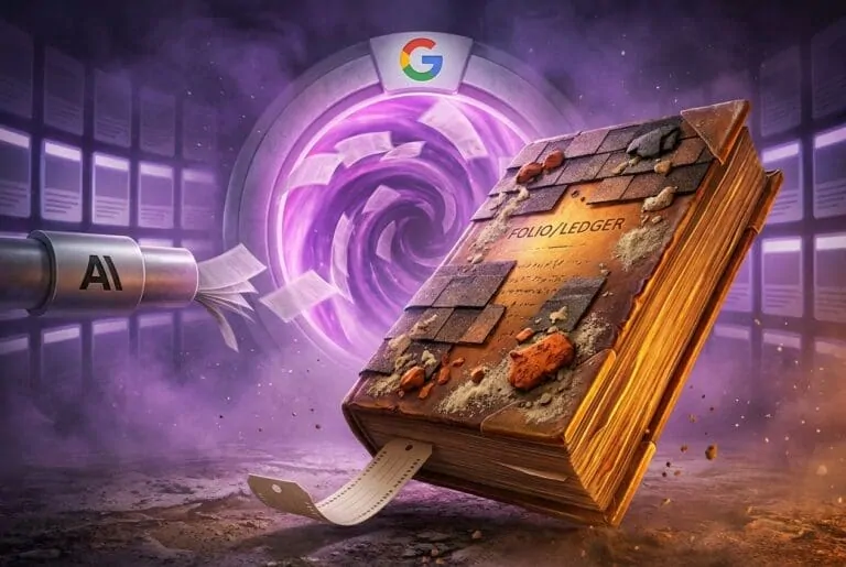 Roofed book feeding pages into glowing Google AI search vortex beside AI tube